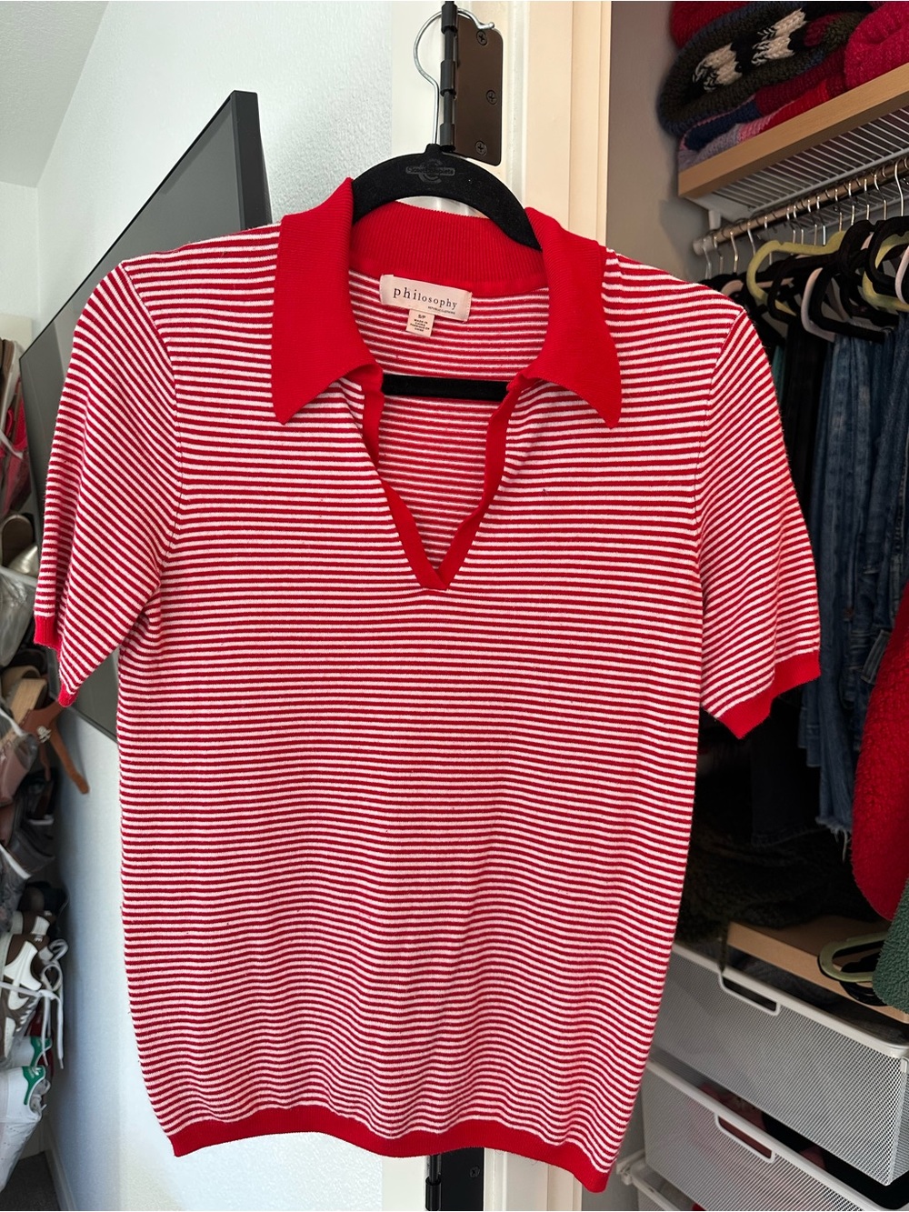Philosophy Red & White Striped Short Sleeve Polo Top